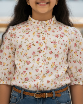 White cotton Floral Printed Blouse for Girls
