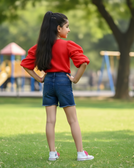 Red Cotton Blend Top with Puff Sleeves