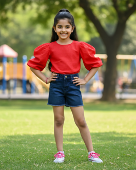 Red Cotton Blend Top with Puff Sleeves